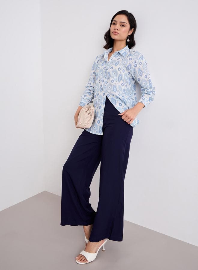 Navy Blue Solid Wide Leg Pants with Belt Loops - Image 1