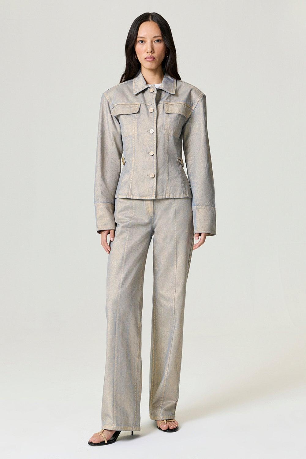 Metallic Denim Jacket with Fitted Silhouette - Image 1