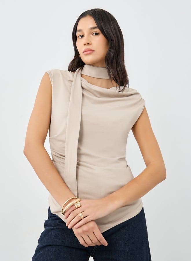 Beige Front Draped Sleeveless Blouse - Image 1
