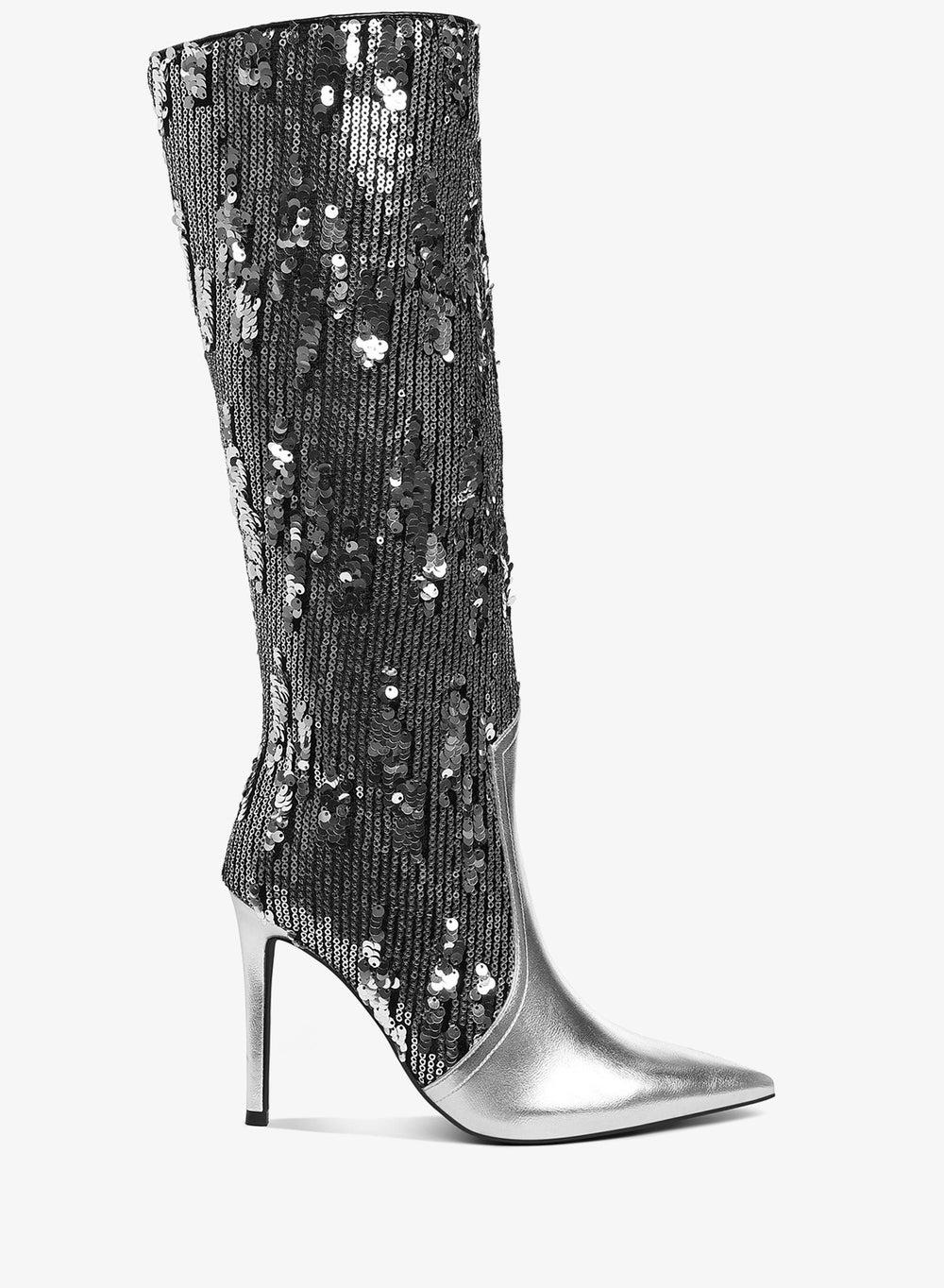 Silver Sequin Metallic Long Stiletto Boots - Image 1