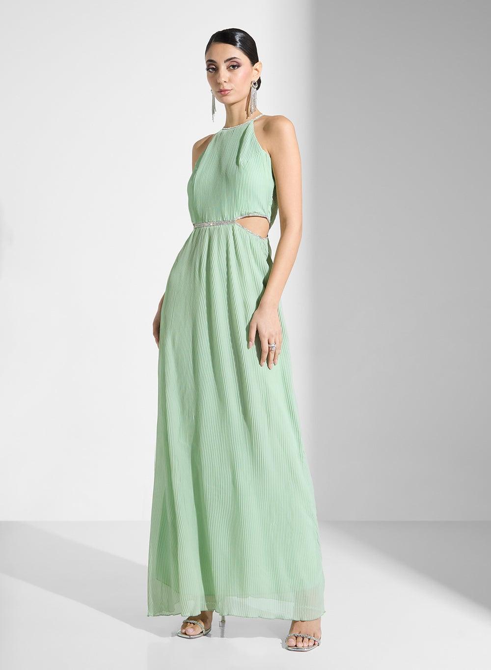 Pleated Cutout Maxi Dress with Halter Neckline - Image 1