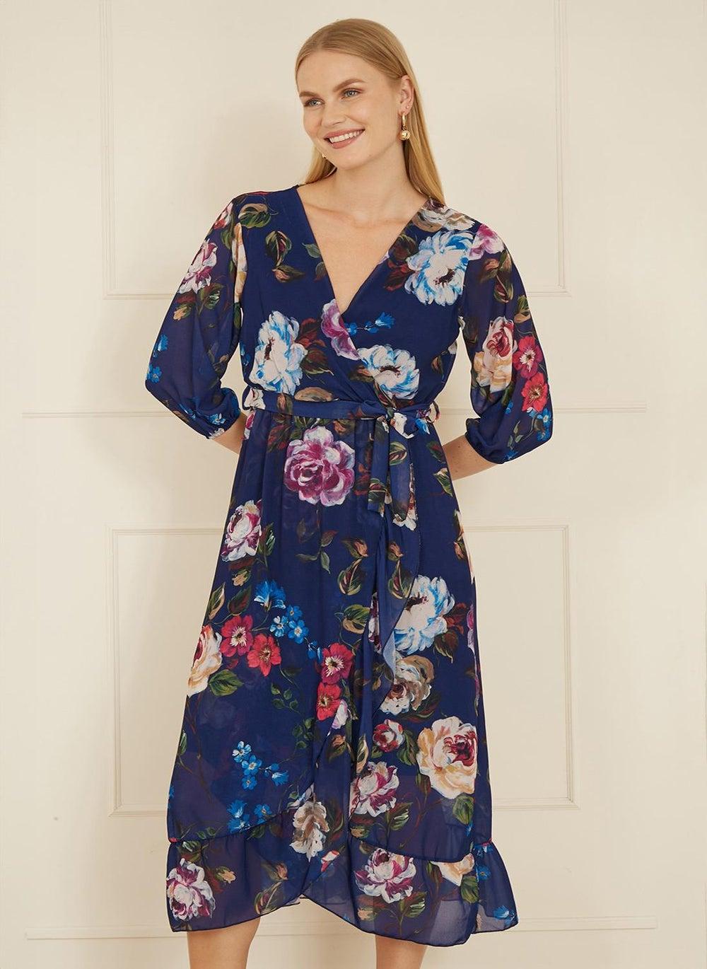 Floral Chiffon Wrap Midi Dress - Image 1
