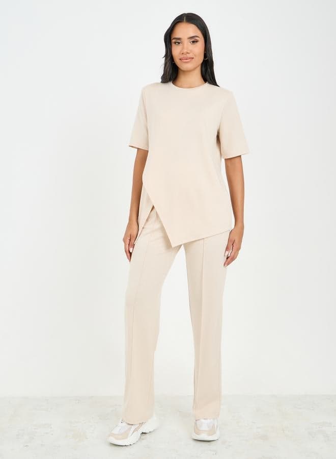 Asymmetrical Hem T-Shirt & Pintuck Straight Fit Pant Set - Image 1