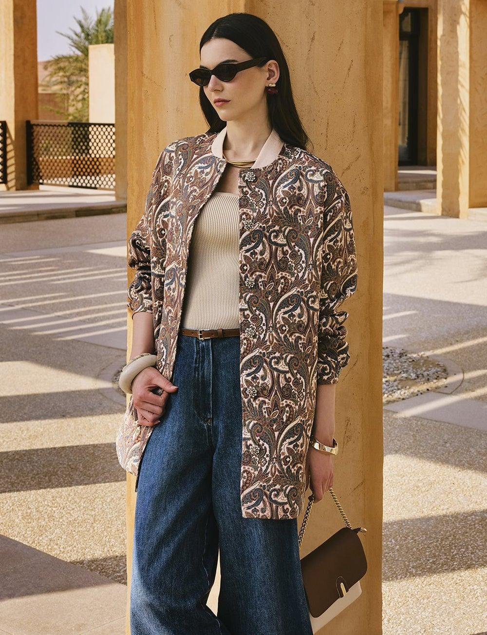 Cream Jacquard Jacket with Ribbed Collar - Image 1