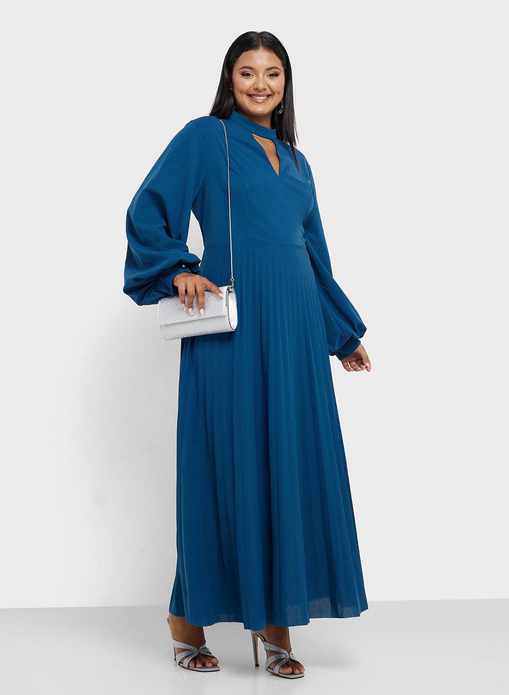 Pleated Teal Maxi Dress with Long Sleeves - Image 1