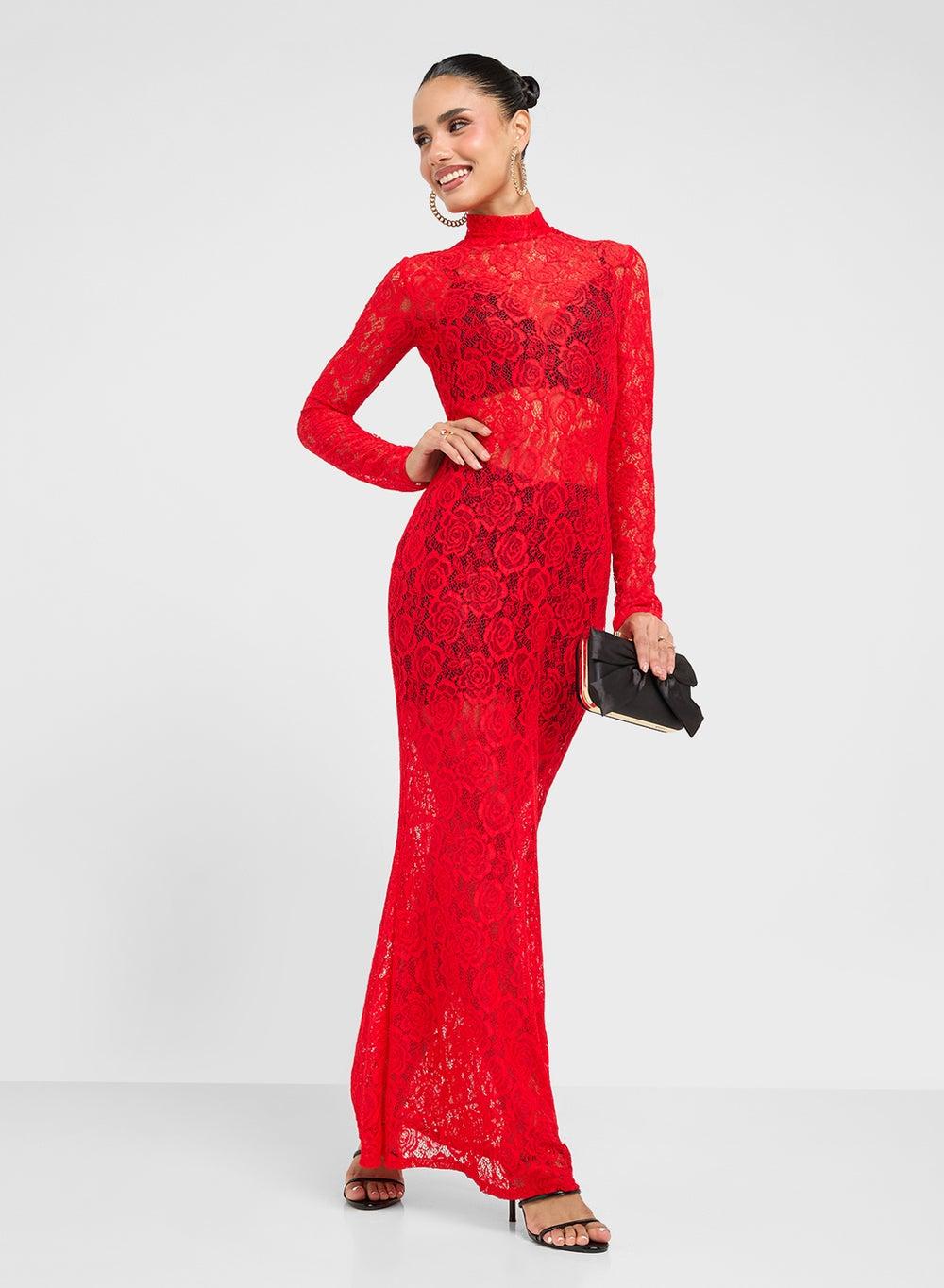 Floral Lace Red Maxi Dress - Image 1