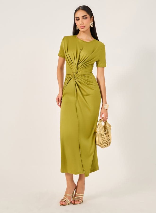 Take Two Twist Front Solid Bodycon Midi Dress - Image 1