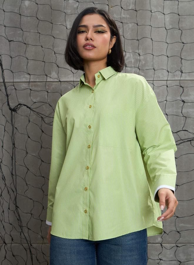 Sassafras Green Striped Oversized Shirt with Gold Buttons - Image 1