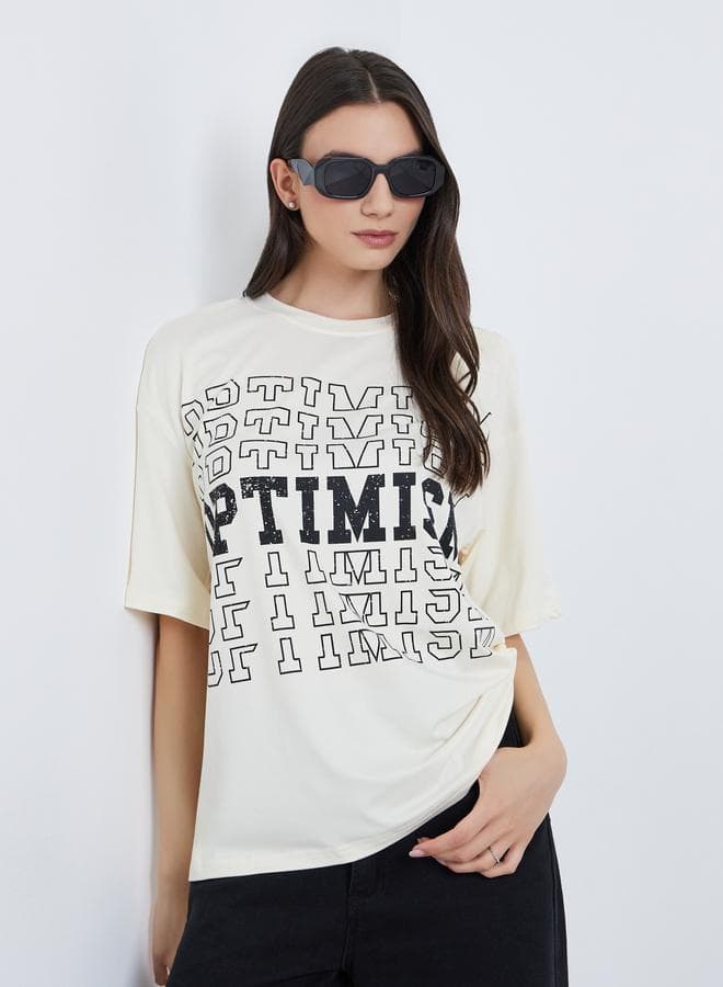Take Two Beige Oversized Slogan Print T-Shirt - Image 1