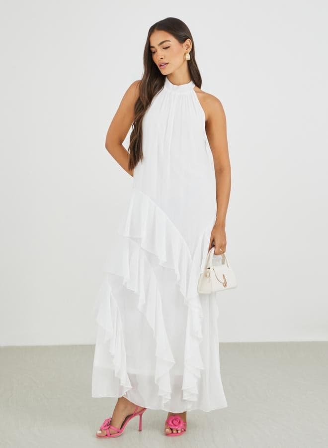 Solid Halter Neck Ruffled Tiered Maxi Dress - Image 1