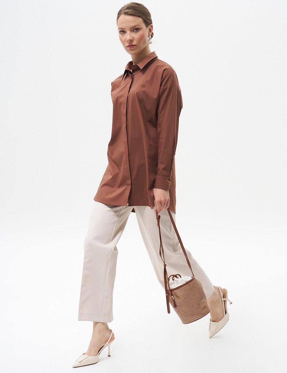 Dark Brown Shirt Collar Poplin Tunic - Image 1