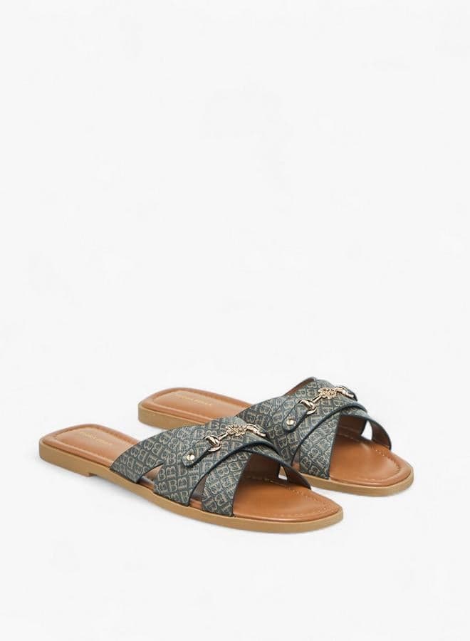 Flora Bella Monogram Slip-On Flat Sandals with Metal Accent - Image 1