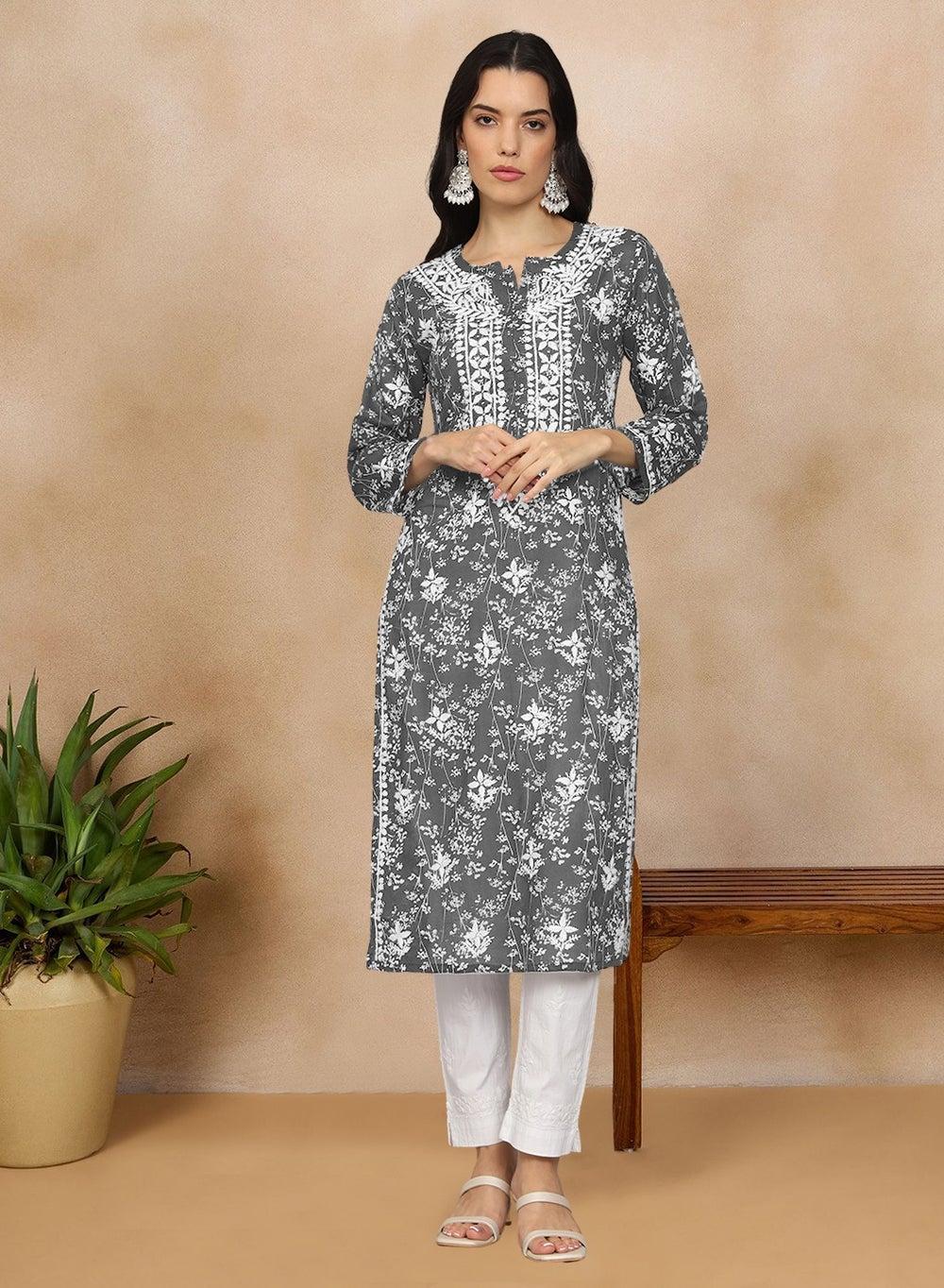 Hand Embroidered Chikankari Mulmul Cotton Printed Kurta AL4041 - Image 1