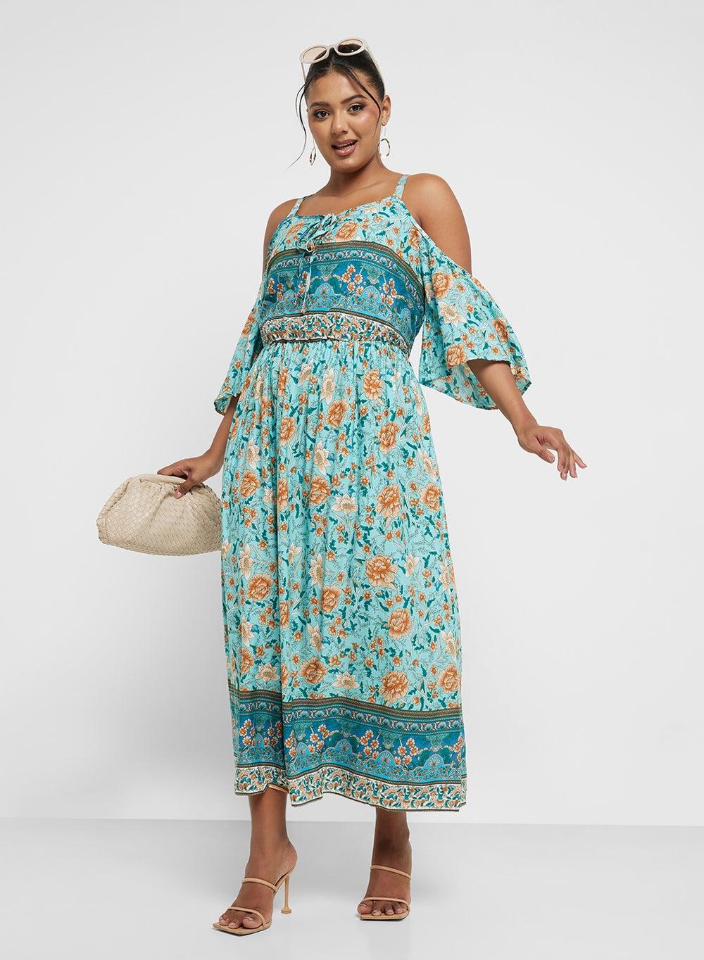 Floral Cold-Shoulder Midi Dress - Image 1