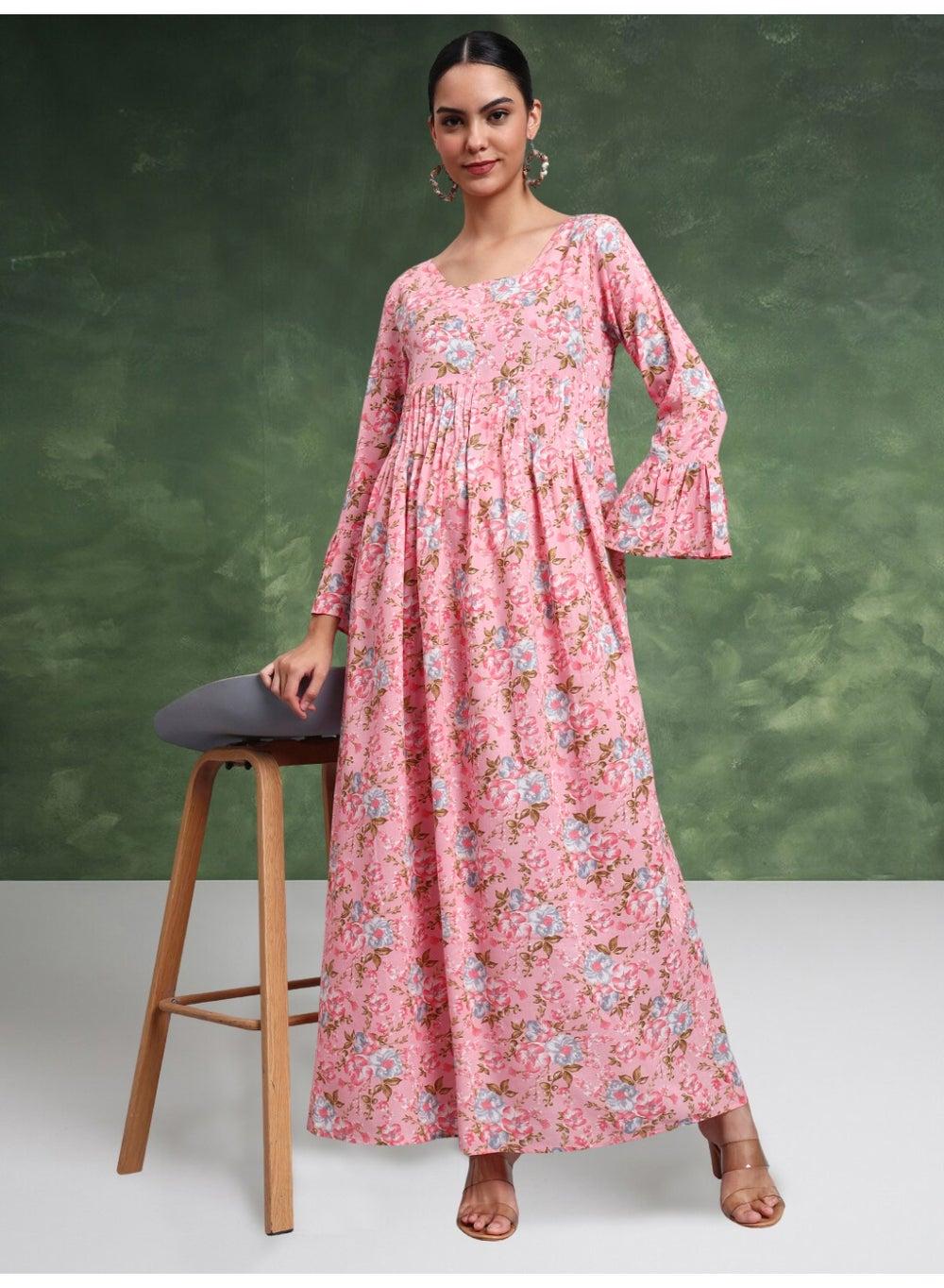 Green Floral Cotton Jalabiya with Flared Sleeves AL4045 - Image 1