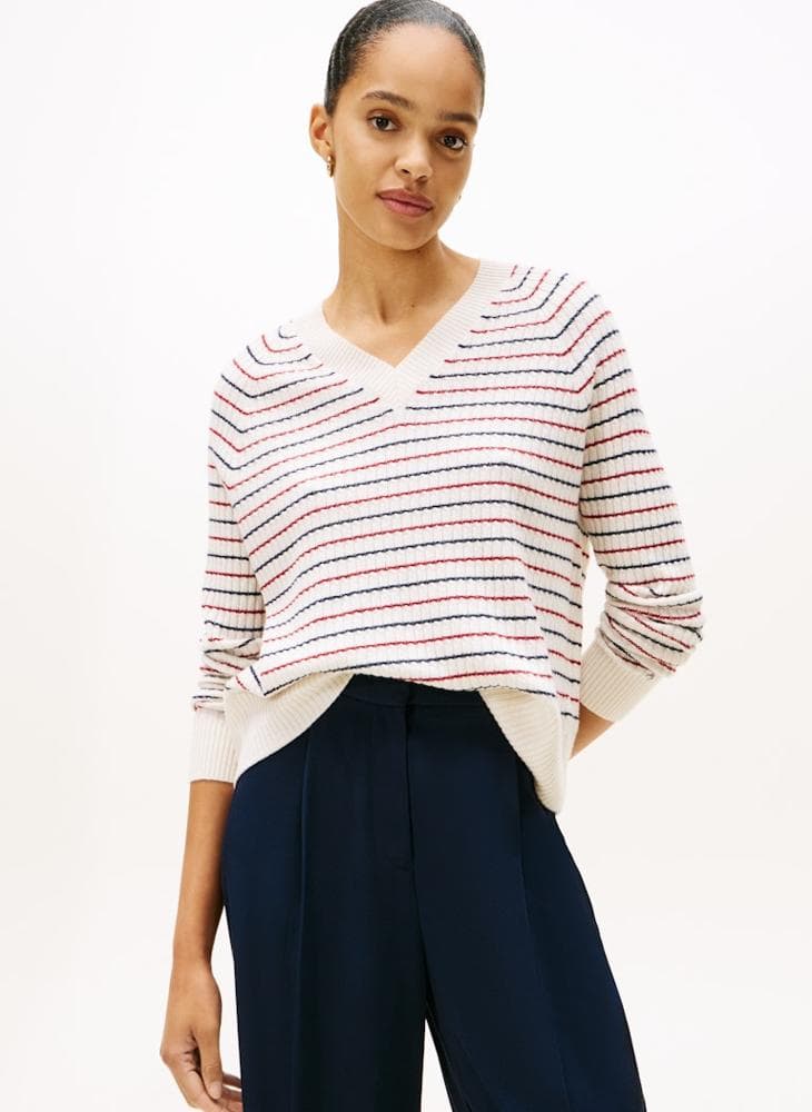 Striped V Neck Wool Cashmere Cable Knit Sweater - Image 1