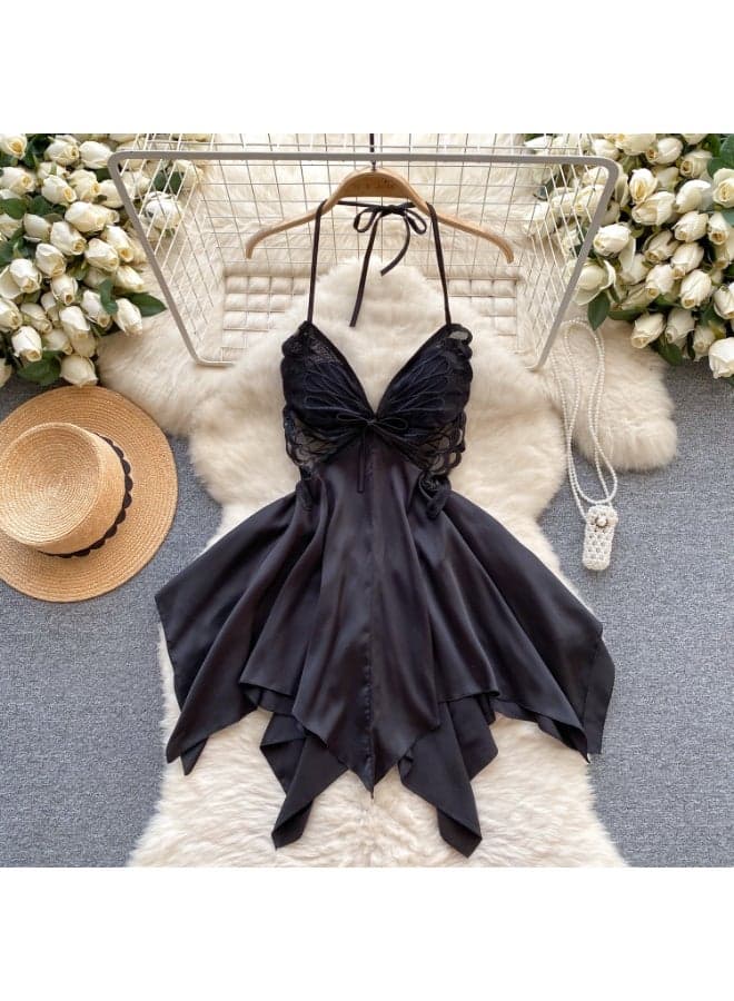 Butterfly-Inspired Halter Neck Satin Dress with Lace Bodice - Image 1