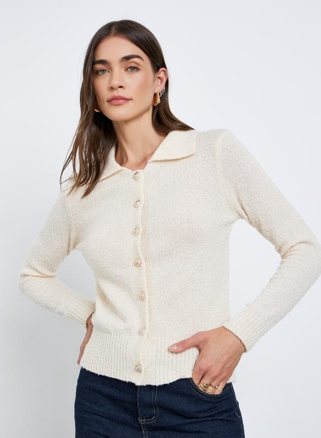 Styli Textured Ribbed Buttoned Cream Knit Top - Image 1