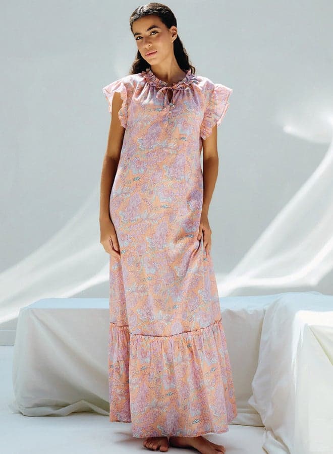 All-Over Print Cap Sleeve Night Gown with Tie Belt - Image 1