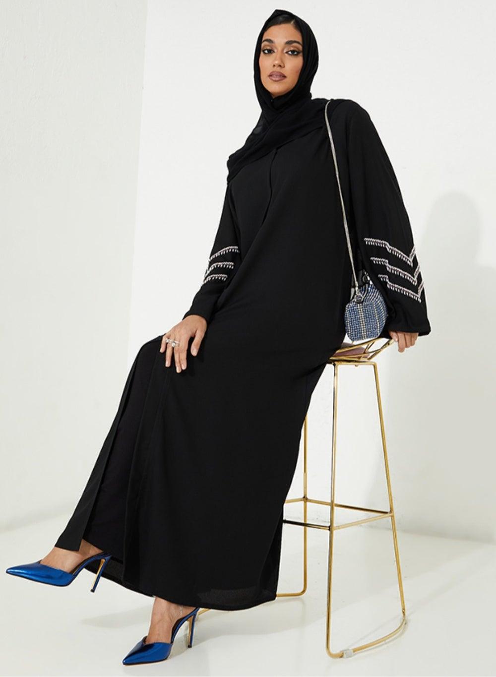 Pearl Purple Embroidered Abaya with Sleeve Detail - Image 1