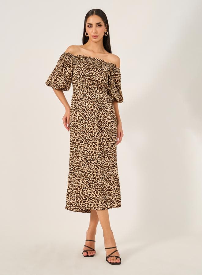Off-Shoulder Leopard Midi Dress with Puff Sleeves - Image 1