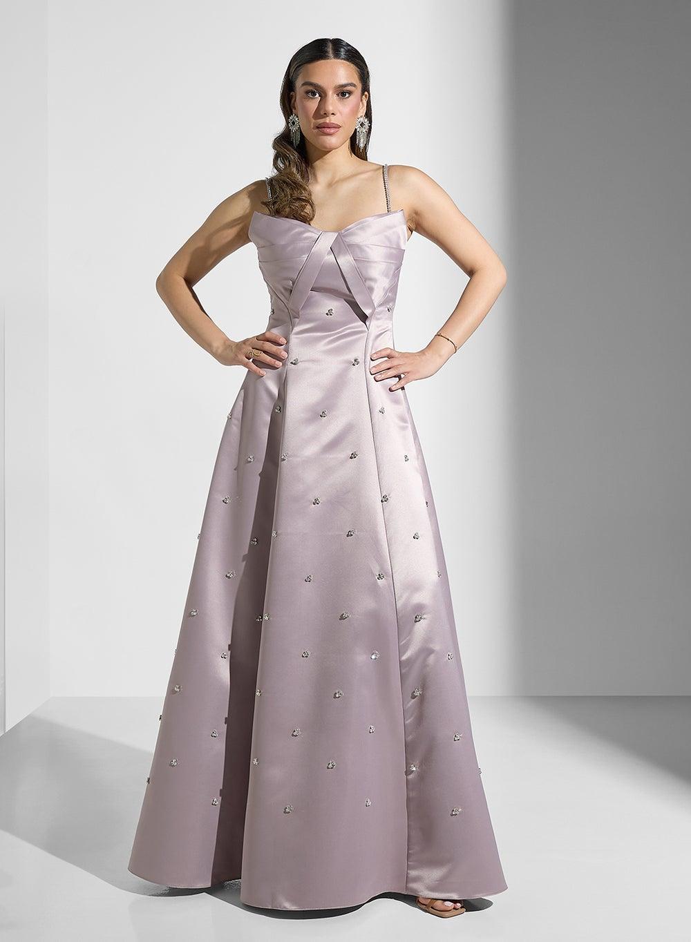 Embellished Satin Strapless A-Line Dress - Image 1