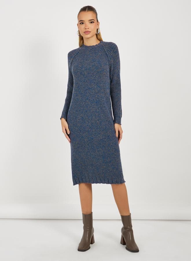 Blue Ribbed Knit Midi Dress with Long Sleeves - Image 1