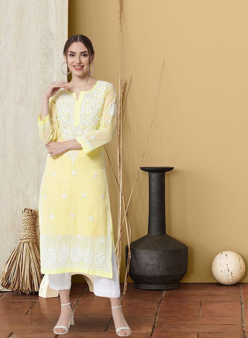 Hand Embroidered Chikankari Kota Straight Kurta AL3540 - Image 1