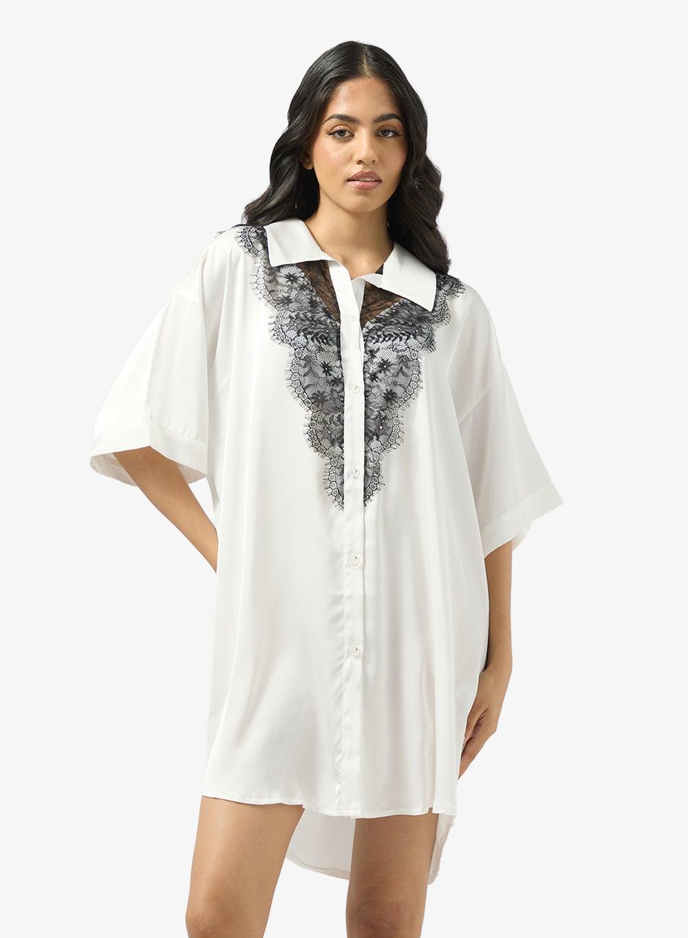 Lace Detail Button-Up Sleep Shirt Dress - Image 1