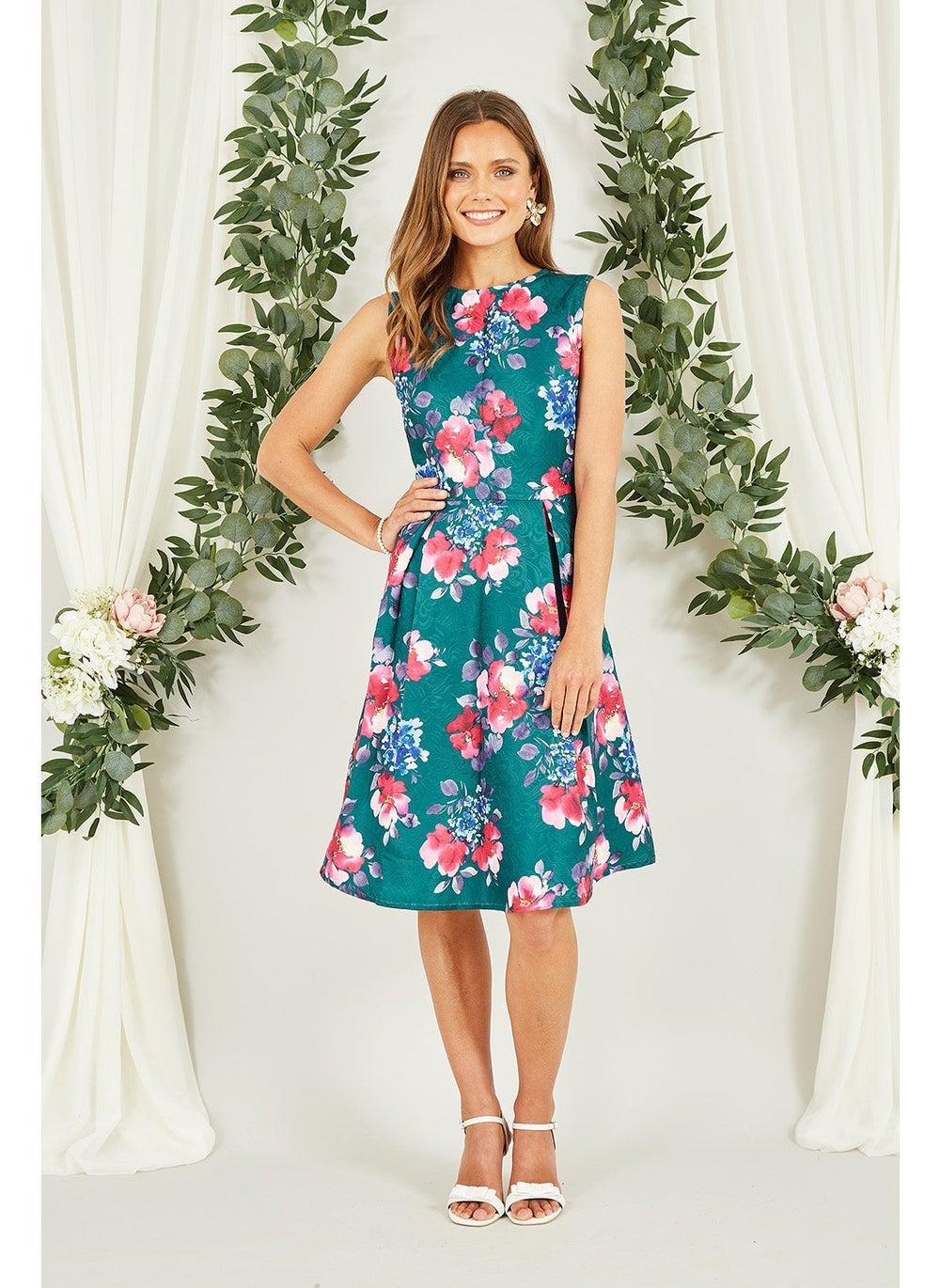 Green Floral Print Sleeveless Midi Dress - Image 1