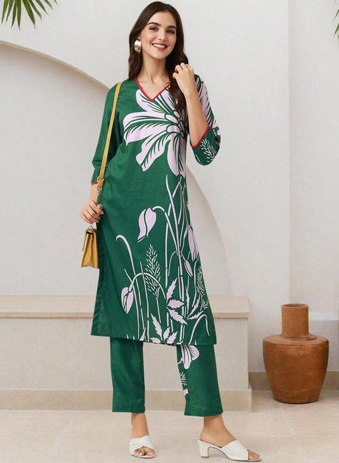 Green Embroidered Polyester Kurta Set with Palazzo - Image 1