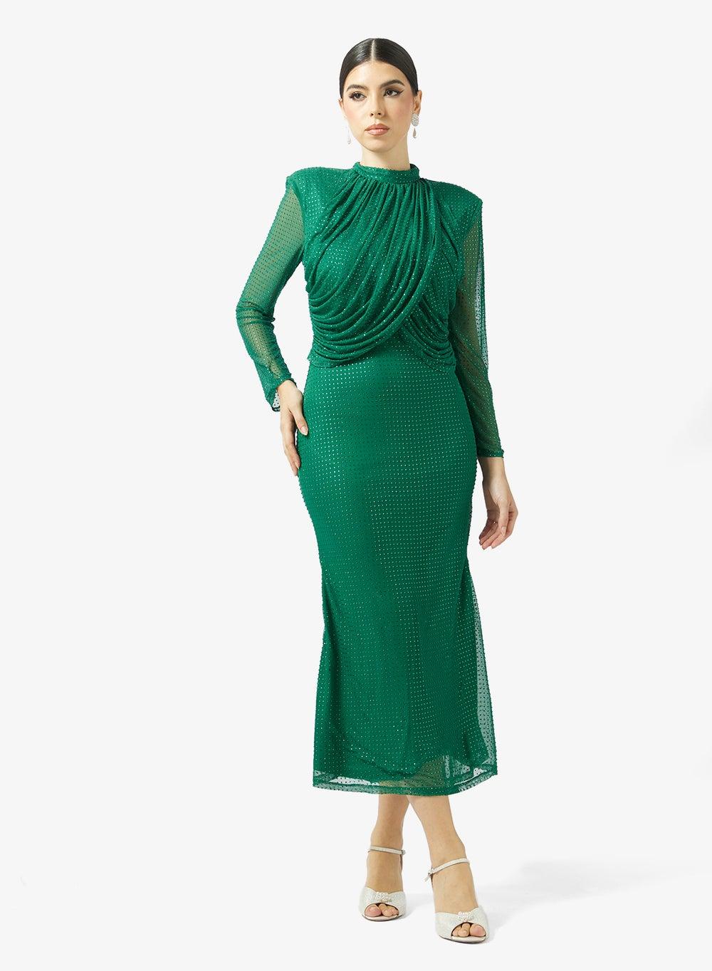 Embellished Hot Fix Midi Dress with Draped Bodice - Image 1