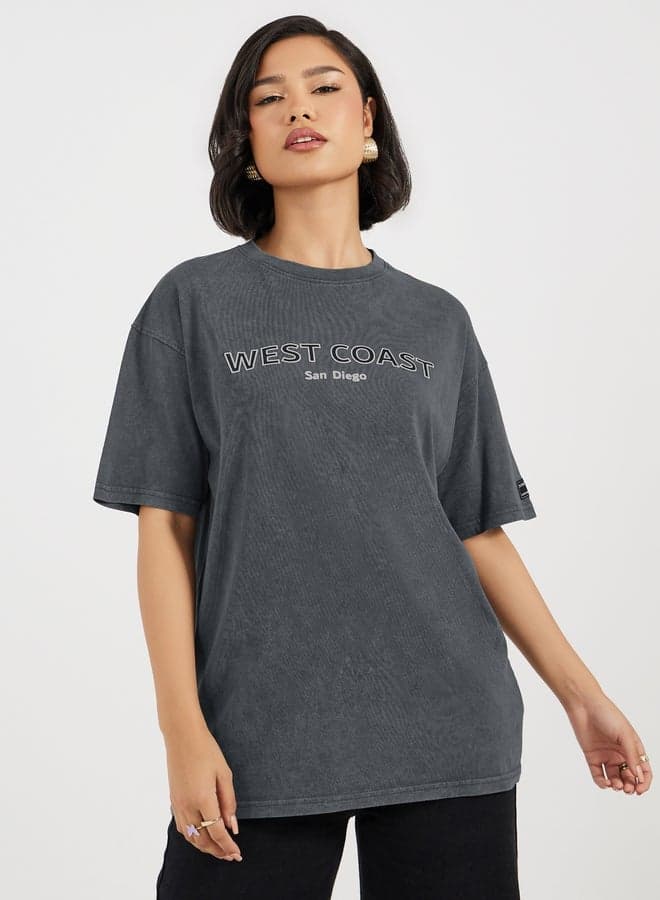 Styli Acid Washed Oversized Printed T-Shirt - Image 1