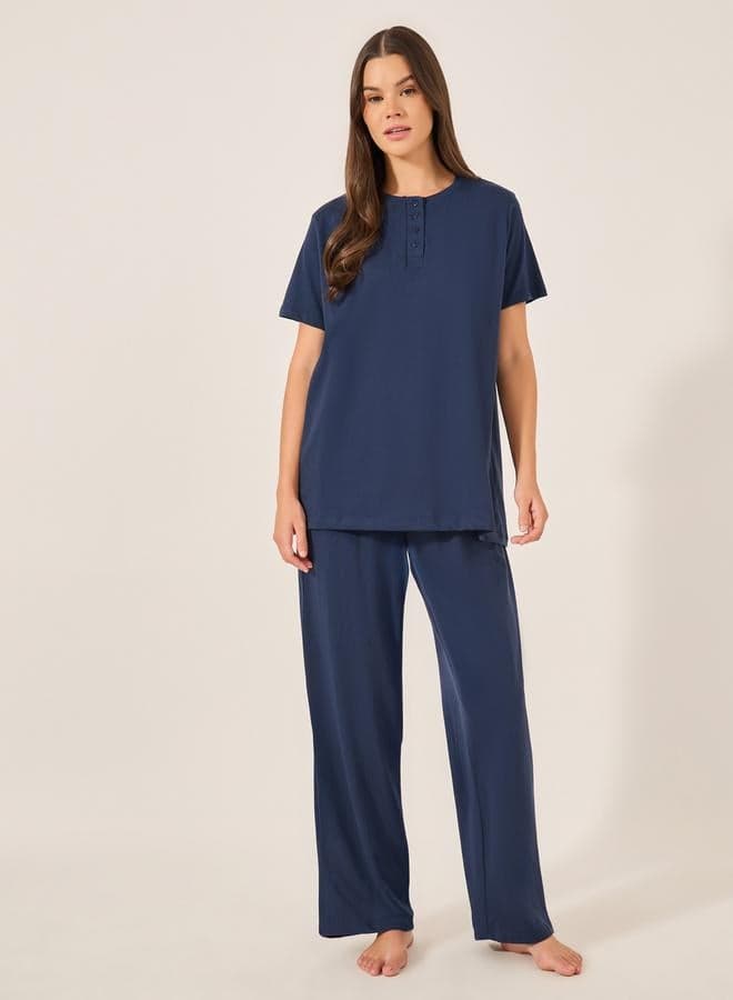 Navy Blue Knitted Placket T-Shirt & Ruffled Waist Pajama Set - Image 1