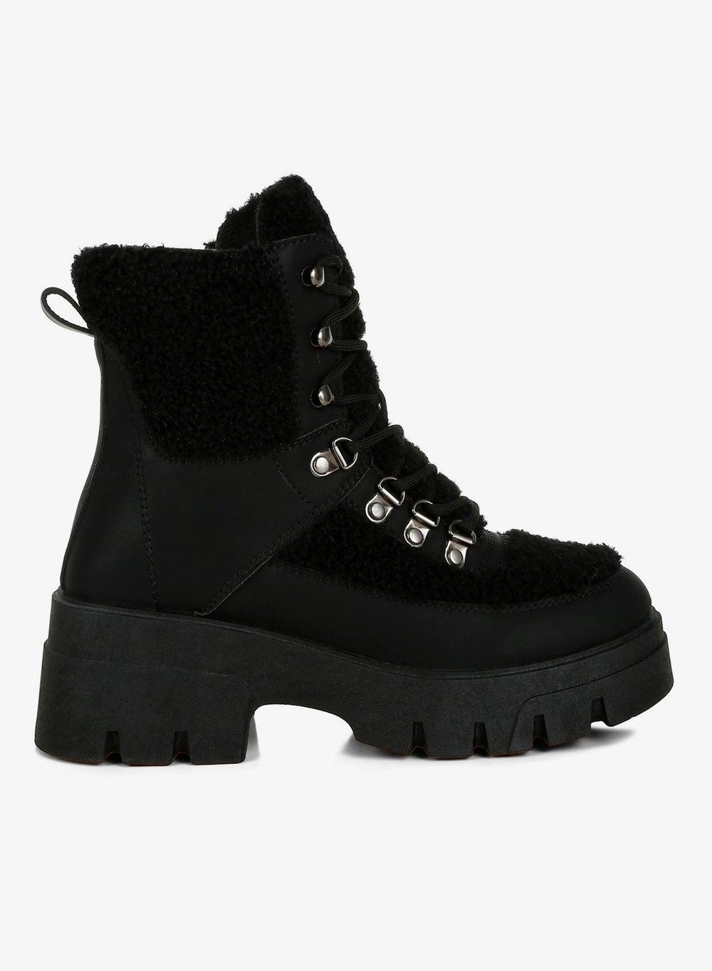 Black Faux Fur Chunky Hiker Ankle Boots - Image 1