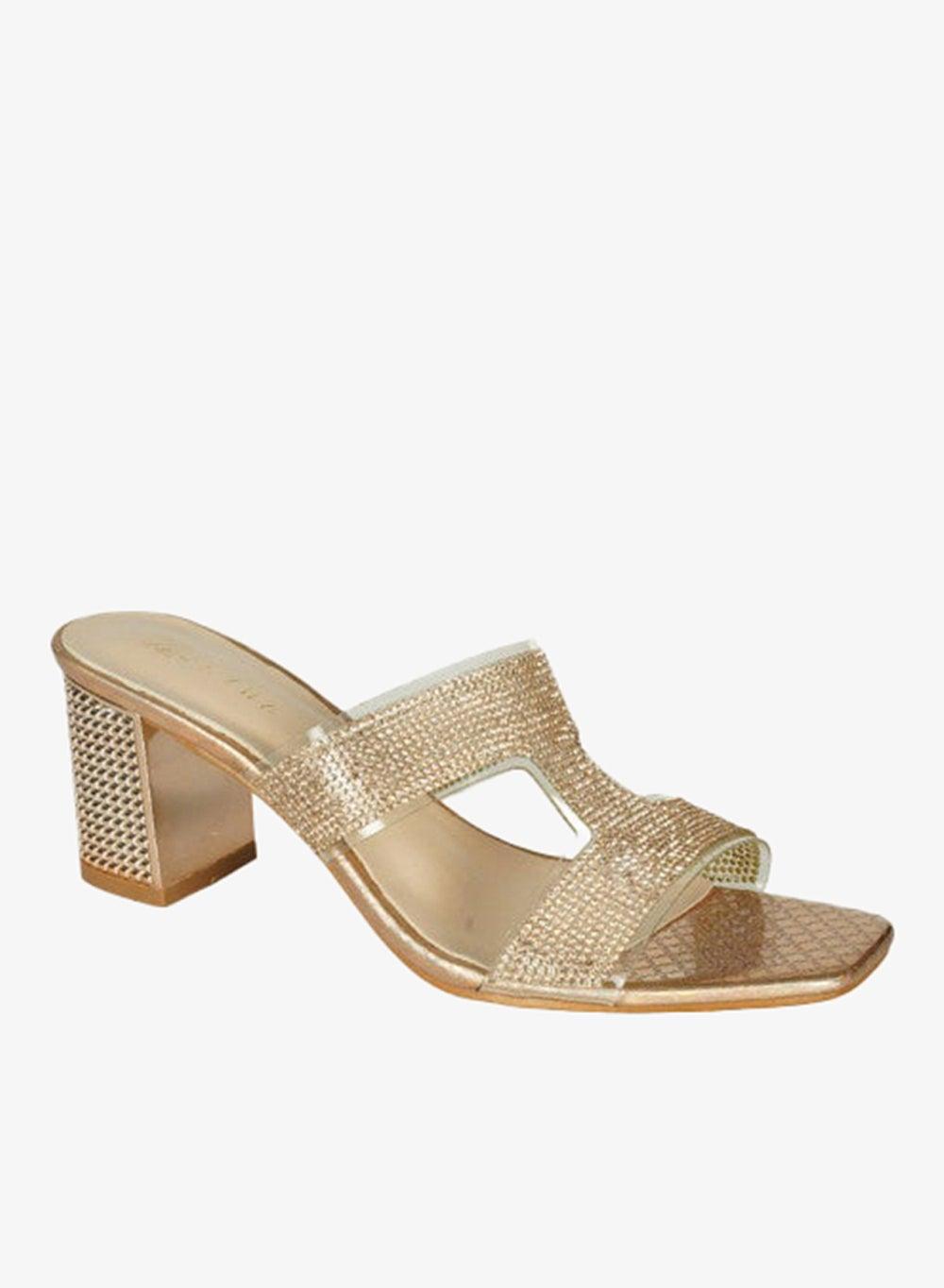 221-76 Zayna Ladies Gold High Block Heel Slip-On Sandals - Image 1