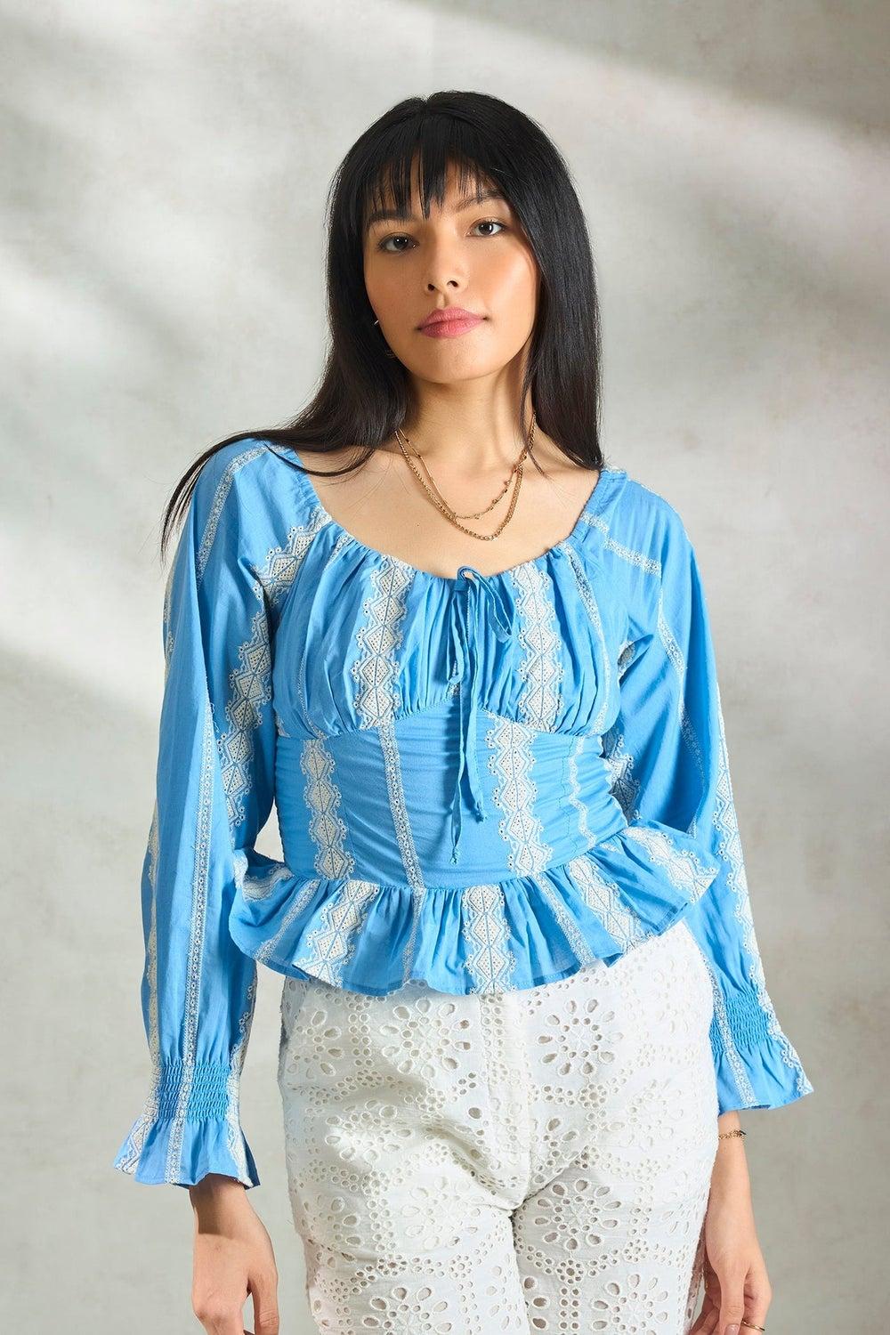 Blue Cotton Peplum Top with Front Tie Detail - Image 1