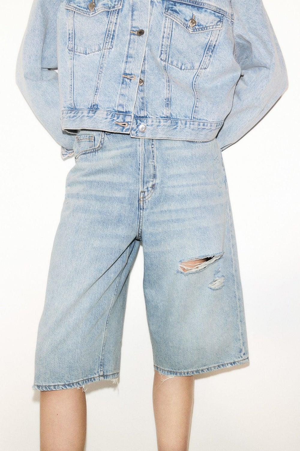 High Knee Denim Shorts with High Waist - Image 1
