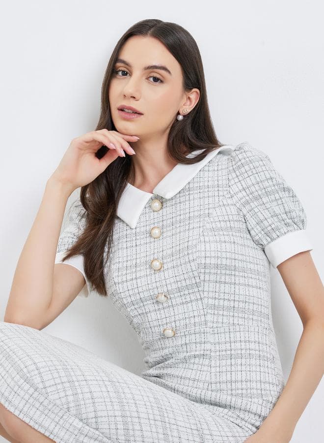 Checked Puff Sleeve Bodycon Midi Dress - Image 1