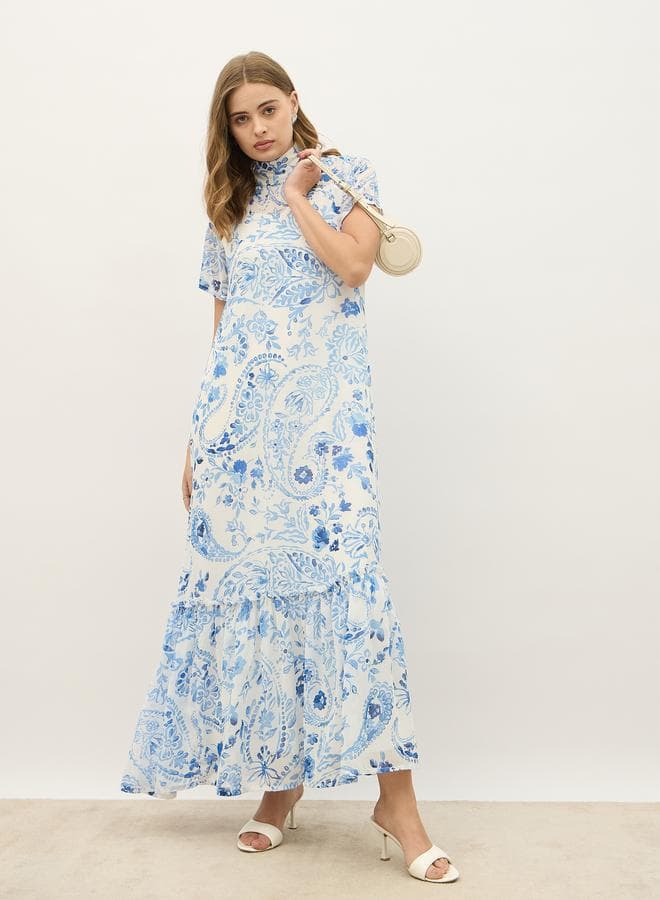 All-Over Print High Neck A-Line Maxi Dress - Image 1