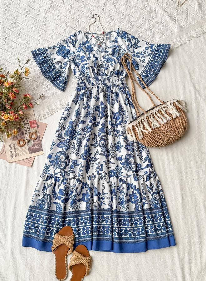 Blue Floral Maxi Dress with Flared Sleeves - Image 1