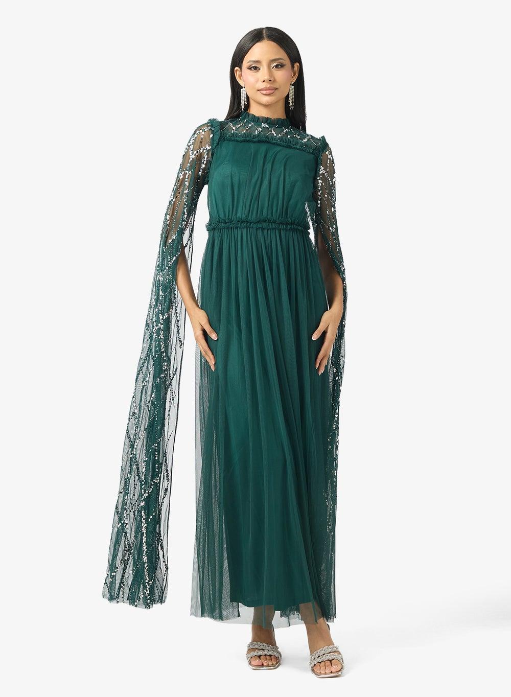 Cape Sleeve Maxi Dress with Beaded Waist Detail - Image 1
