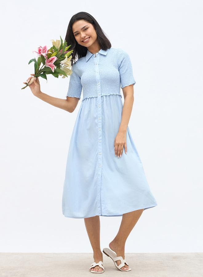 Styli Solid Smocked Midi Dress with Lettuce Edge - Image 1