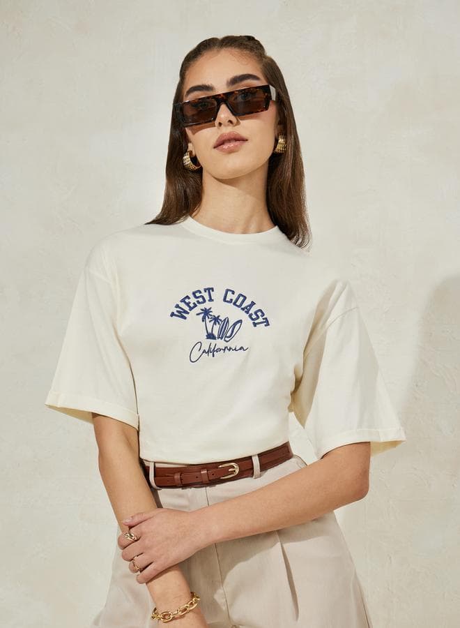 Oversized West Coast Embroidered Turn-Up Sleeve T-Shirt - Image 1