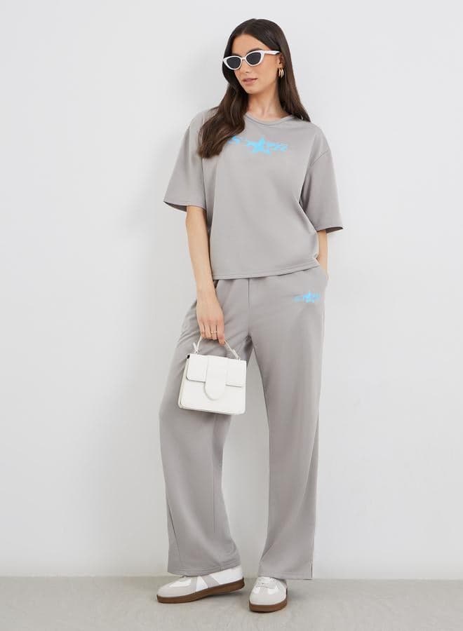 Grey Star Print T-Shirt and Pants Co-Ord Set - Image 1