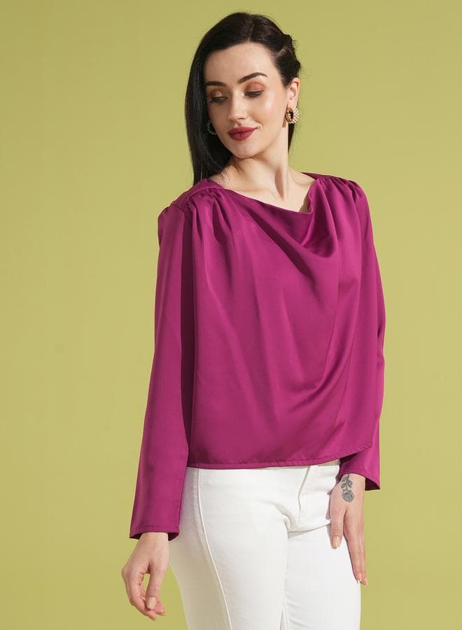 Globus Women Solid Cowl Neck Gathered Detail Top - Image 1