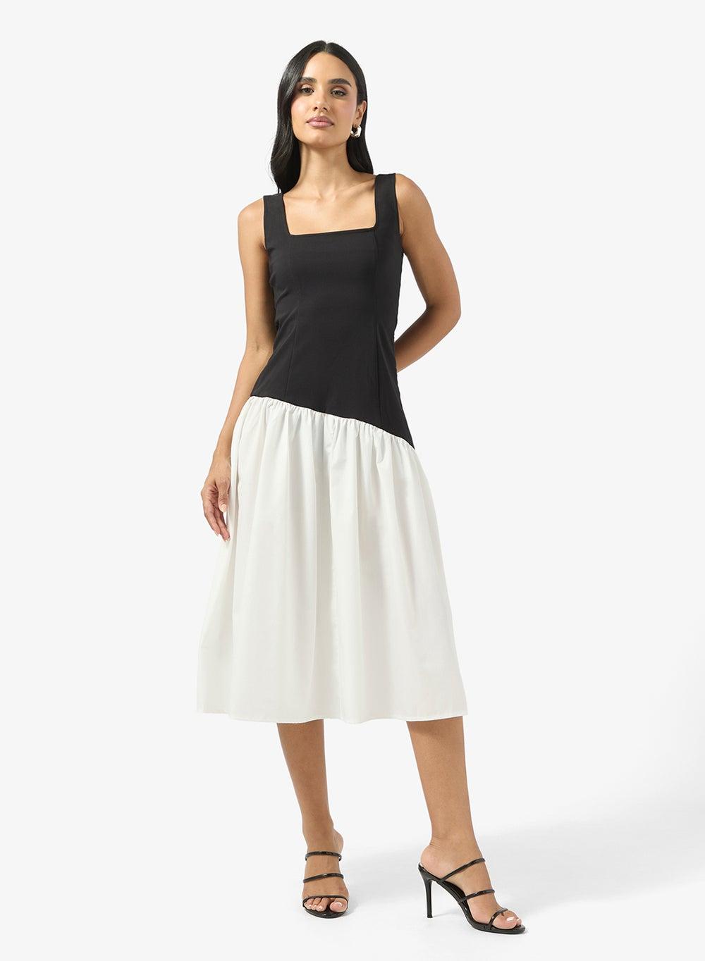 Square Neck Monochrome Drop Waist Midi Dress - Image 1