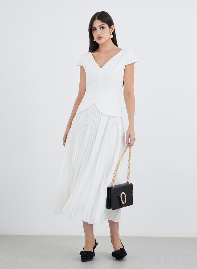 Solid Pleated Short Sleeve A-Line Midi Dress - Image 1