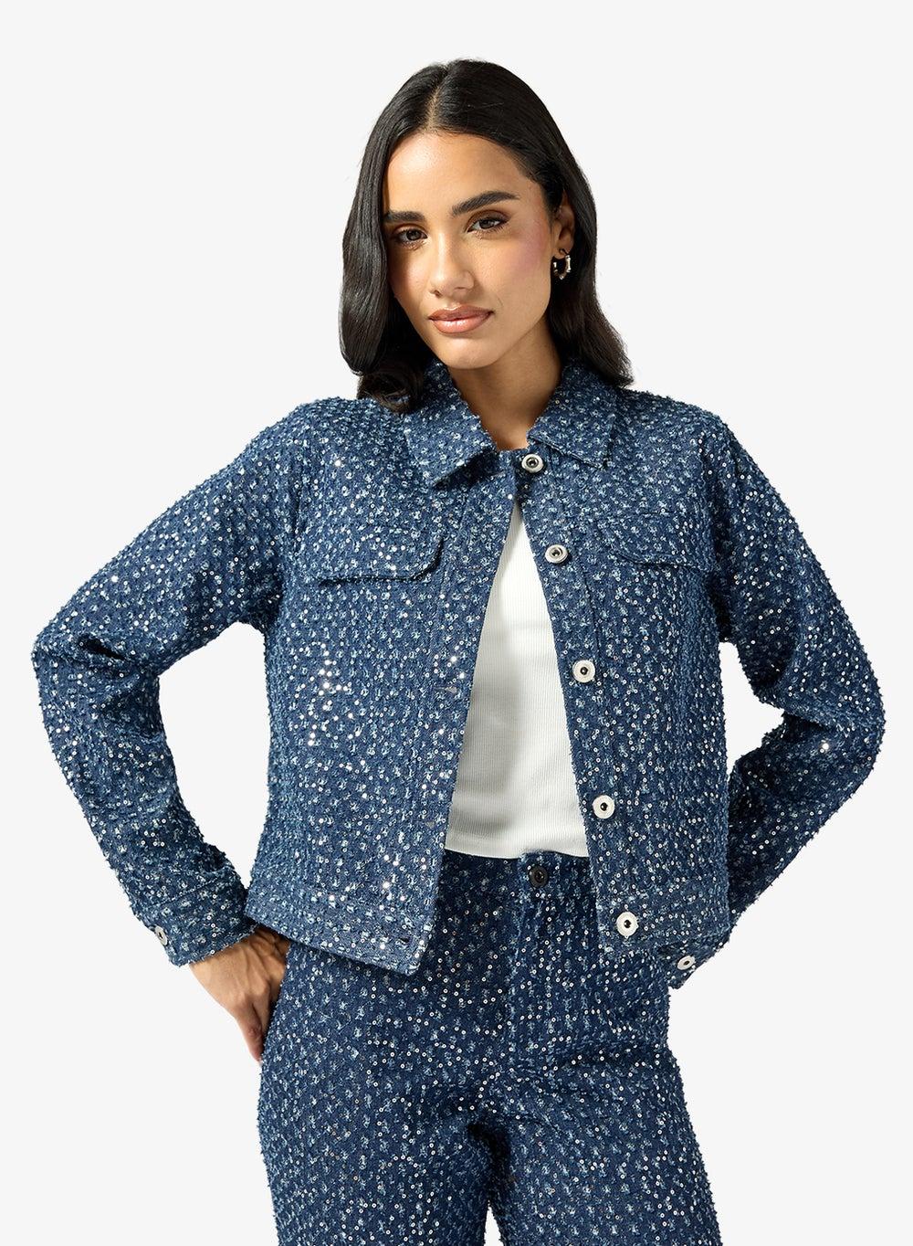 Shimmer Denim Jacket with Button Cuffs - Image 1