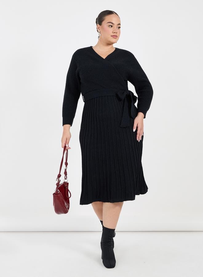 Black Ribbed Wrap Midi Dress with Waist Tie - Image 1